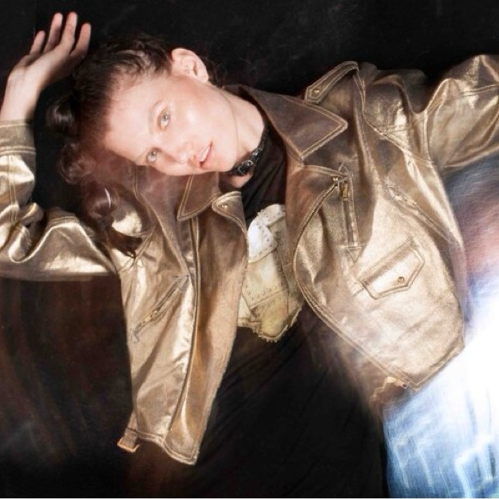 One of a kind gold foil denim cropped biker jacket.